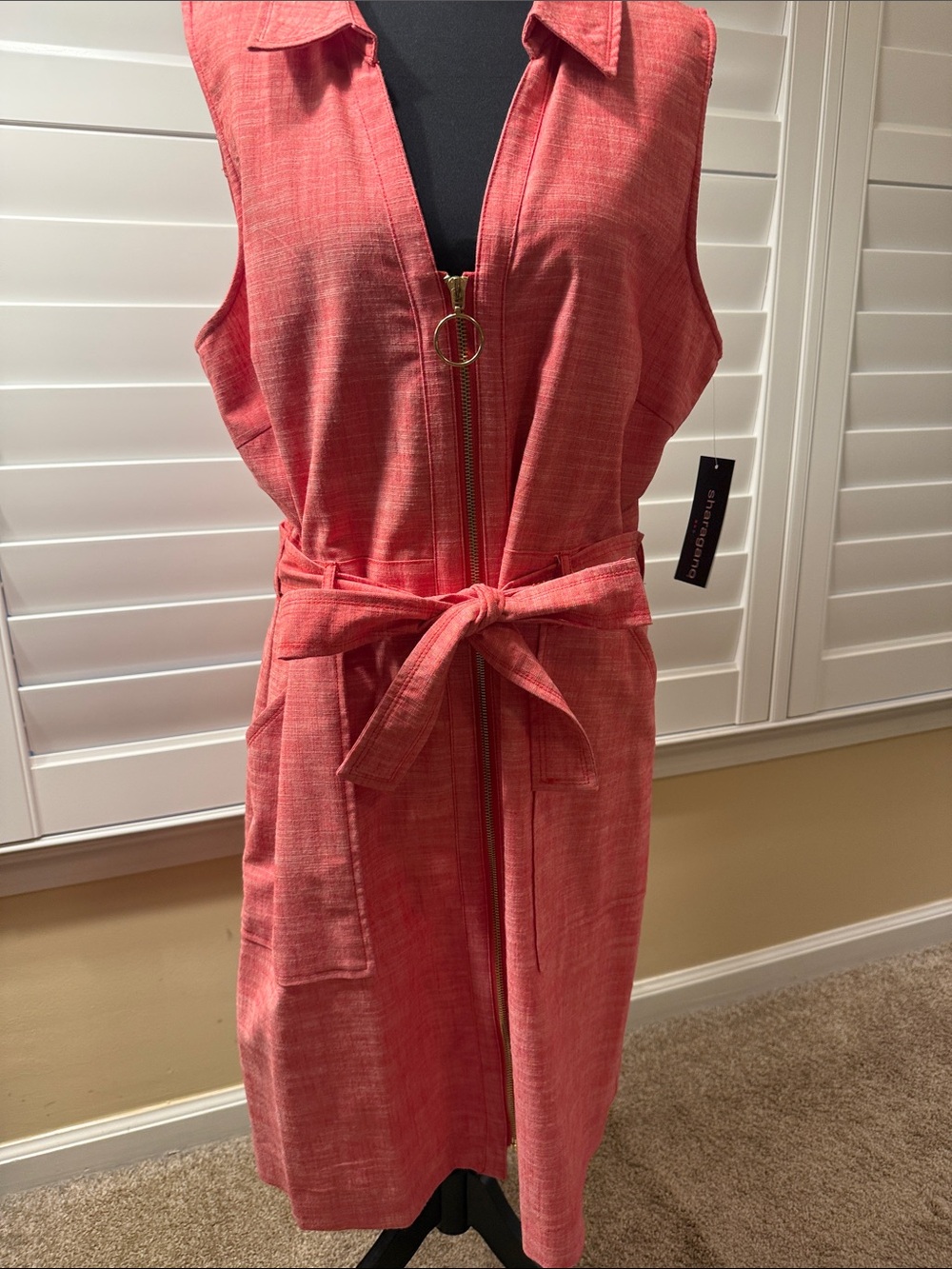 Sharagano Coral Zip-Front Sleeveless Midi Dress with Belt